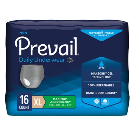 First Quality Male Adult Absorbent Underwear Prevail® Daily Underwear Pull On with Tear Away Seams X-Large Disposable Heavy Absorbency - Case of 64 - PUM-514-CS