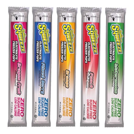 Kent Precision Foods Oral Electrolyte Solution Sqwincher® Squeeze Zero Freezer Pop Punch / Orange / Dragon Fruit / Mixed Berry / Watermelon Flavor 3 oz. Electrolyte - Bag of 10 - 159200231-BG