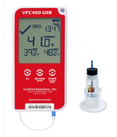 Control Solutions Inc Refrigerator / Freezer Vaccine Data Logger with Alarm LogTag® VFC400-USB® Fahrenheit / Celsius -40Â° to 210Â°F (-40Â° to 99Â°C) Glycol Bottle Probe Wall Mount AC Adaptor / USB / Battery Backup - Each - VFC400-USB-EA