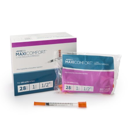 MHC Medical Standard Insulin Syringe with Needle AIMSCO® 1 mL 1/2 Inch 28 Gauge NonSafety Ultra Thin Wall - Case of 500 - 503-CS