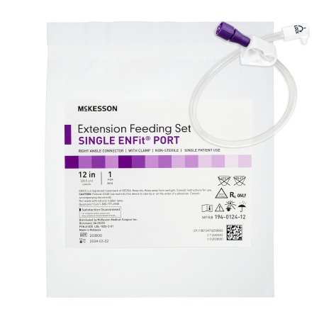 McKesson Bolus Enteral Feeding Extension Tube Set McKesson 12 Inch, EnFit, Secure Lock Right Angle Connector and Clamp, NonSterile - Case of 30 - 194-0124-12-CS