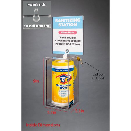 Poltex Inc Sanitizing Station with Padlock Poltex Wall Mount 1 Box of Disinfecting Wipes Clear 9 X 5.3 X 5.3 Inch PETG - Each - SANSTAT4-W-EA