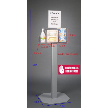 Poltex Inc Respiratory Hygiene Station Poltex Floor Standing Clear 55 Inch Stand Acrylic - Each - RESPI-3STL-SLV-EA