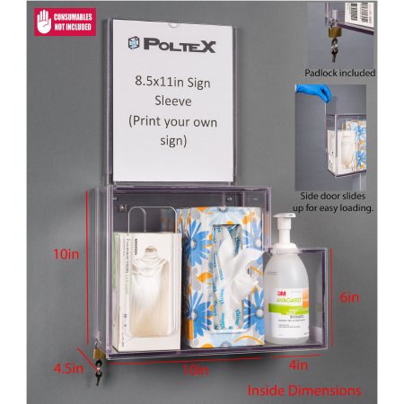 Poltex Inc Locking Respiratory Hygiene Station Poltex Wall Mount Clear 10 X 4-1/2 X 10 X 4 X 6 Inch PETG - Each - RESPG-W-SLV-EA