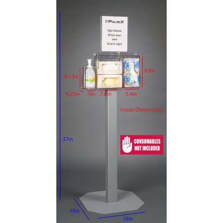 Poltex Inc Locking Respiratory Hygiene Station Poltex Floor Standing Clear 4-1/4 X 4 X 7.6 X 5.4 X 9.8 Inch PETG - Each - RESPS-3STL-SLV-EA