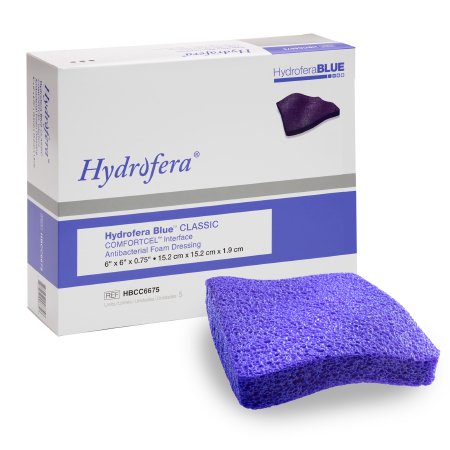 Hydrofera Antibacterial Foam Dressing Hydrofera BLUE ComfortCel® 6 X 6 Inch Without Border Without Film Backing Nonadhesive Square Sterile - Box of 5 - HBCC6675-BX