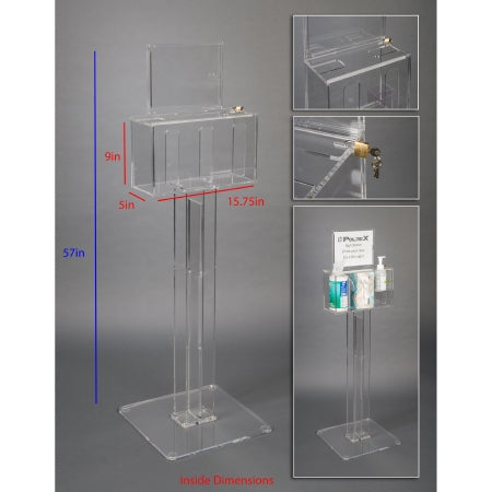 Poltex Inc Lockable Sanitizing Station with Sign Sleeve Poltex® DECO Clear Acrylic Manual 3 Compartment Floor Stand - Each - DECORHSKIOSK3-S-EA