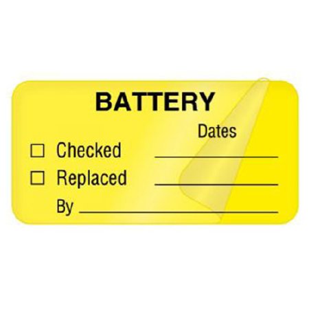 United Ad Label Pre-Printed Label UAL™ Battery & Lamp Maintenance Yellow Paper Battery Dates:_ checked_Replaced_By_ Black 1 X 2 Inch - Roll of 500 - ULBE140-RL
