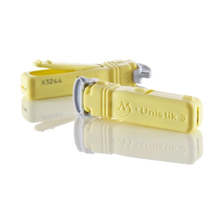Owen Mumford Safety Lancet Unistik 3 23 Gauge Retractable Push Button Activation Finger - Box of 25 - AT 1008-BX