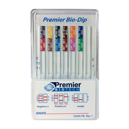 Premier Biotech Drugs of Abuse Test Kit Premier Bio-Dip 12-Drug Panel AMP500, BAR300, BUP10, BZO300, COC150, MDMA500, mAMP/MET500, MTD300, OPI300, OXY100, PCP25, THC50 Urine Sample 5 Tests CLIA Waived - Box of 5 - PDA-12CW-LC-5-BX