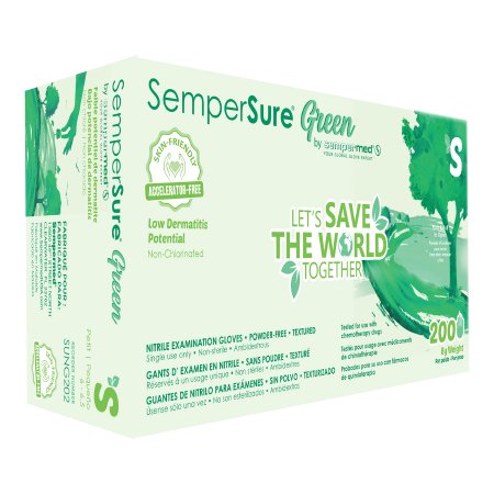 Sempermed USA Exam Glove SemperSure™ Small NonSterile Nitrile Standard Cuff Length Textured Fingertips Green Chemo Tested - Case of 2000 - SUNG202-CS