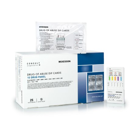 McKesson Drugs of Abuse Test Kit McKesson Consult™ 10-Drug Panel with Adulterants AMP, BAR, BZO, COC, mAMP/MET, MTD, OPI, PCP, TCA, THC Urine Sample 25 Tests CLIA Waived - Case of 500 - 16-DTDC10P-CS