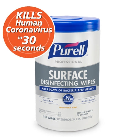 GOJO Purell® Professional Surface Disinfectant Cleaner Premoistened Alcohol Based Manual Pull Wipe 110 Count Canister Citrus Scent NonSterile - Case of 6 - 9342-06-CS