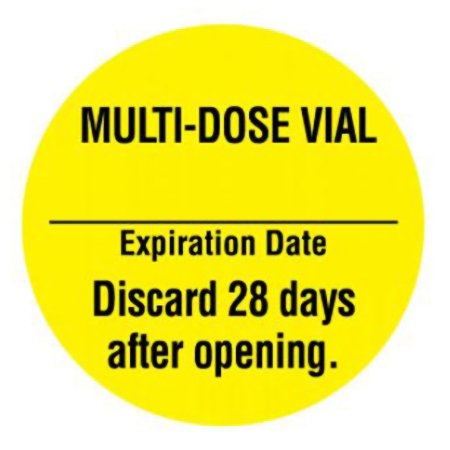 United Ad Label Pre-Printed Label UAL Auxiliary Label Yellow Paper Multi-Dose Vial Expiation Date Discard 28 Days after opening Black Syringe Label 1 Inch Diameter - Roll of 1 - ULPH229-RL