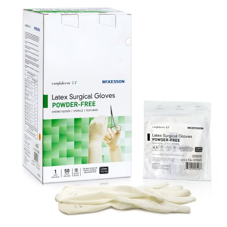 McKesson Surgical Glove Confiderm® LT Size 6.5 Sterile Latex Standard Cuff Length Fully Textured Ivory Chemo Tested - Box of 50 - 14-31065-BX