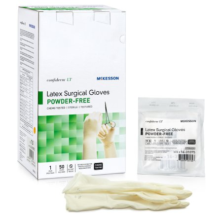 McKesson Surgical Glove Confiderm® LT Size 7.5 Sterile Latex Standard Cuff Length Fully Textured Ivory Chemo Tested - Case of 200 - 14-31075-CS