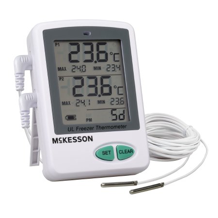 McKesson Ultra-Low Temperature Data Logger with Alarm McKesson Fahrenheit / Celsius -112Â° to +158Â°F (-80Â° to +70Â°C) 2 Stainless Steel Probes Flip-out Stand Battery Operated - Each - MCK8019UL-EA