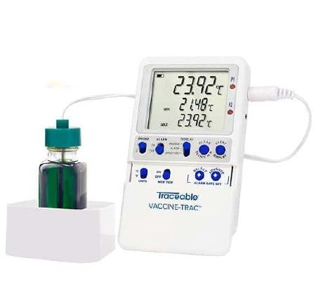 Cole-Parmer Inst. Vaccine Temperature Data Logger with Alarm Kit Traceable® Vaccine-Trac™ Fahrenheit / Celsius -58° to +158°F (-50° to +70°C) Bottle Probe Battery Operated - Each - 94460-03-EA