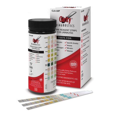 Clarity Diagnostics Reagent Test Strip Clarity® Bilirubin, Blood, Glucose, Ketones, Leukocytes, Nitrite, pH, Protein, Specific Gravity, Urobilinogen For Clarity Platinum Urine Analyzer Only 100 per Bottle - Box of 100 - CLA-10P-BX