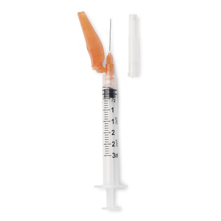 Medline Safety Hypodermic Syringe with Needle Medline 3 mL 1 Inch 25 Gauge Hinged Safety Needle Regular Wall - Case of 1200 - SYRS103255-CS