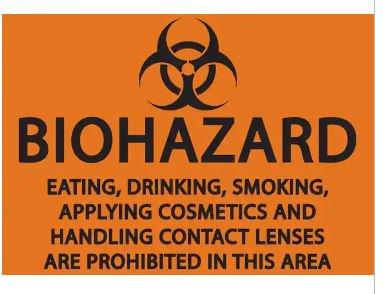 Fisher Scientific Wall Sign Caution ZING™ Bioharzard (symbol) Eating,Drinking, Smoking, applying comsmetics and handling contact lenses are Prohibited in tis area - Each - 18-000-495-EA