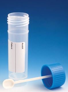 Globe Scientific Stool Specimen Container 30 mL (1 oz.) Screw Cap with Sampling Device Patient Information NonSterile - Case of 500 - 109120L-CS