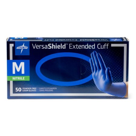 Medline Exam Glove VersaShield™ Medium NonSterile Nitrile Extended Cuff Length Textured Fingertips Blue Chemo Tested / Fentanyl Tested - Case of 500 - VS711M-CS