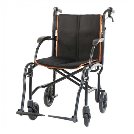 Feather Mobility LLC Transport Chair Feather Transport w / Brakes Aluminum Frame 300 lbs. Weight Capacity Fixed Height Arm Black / Orange - Each - EB-FCTM18-BK-BKC-HB-EA