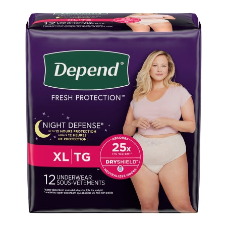 Kimberly Clark Female Adult Absorbent Underwear Depend® Night Defense® Pull On with Tear Away Seams X-Large Disposable Heavy Absorbency - Pack of 12 - 55154-PK