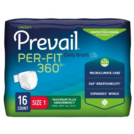 First Quality Unisex Adult Incontinence Brief Prevail® Per-Fit 360Â°™ Size 1 Disposable Heavy Absorbency - Pack of 16 - PFNG-012/1-PK