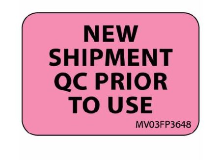 Precision Dynamics Pre-Printed Label pdc Advisory Label Pink Paper New Shipment QC Prior to use Black Quality Control 1 X 1-7/16 Inch - Roll of 1 - MV03FP3648-RL