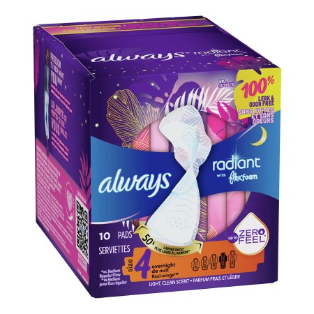 Procter & Gamble Feminine Pad Always® Radiant with FlexFoam Overnight / With Wings Heavy Absorbency - Box of 10 - 03700081811-BX