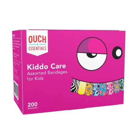 Dukal Adhesive Strip Ouch Essentials Kiddo Care 3/4 X 3 Inch Plastic Rectangle Kid Design (Assorted Prints) Sterile - Case of 2400 - 17061001-CS