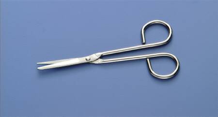 Busse Hospital Disposables Utility Scissors Busse Nurse 5-1/4 Inch Length Floor Grade Stainless Steel Sterile Finger Ring Handle Angled Sharp Tip / Blunt Tip - Each - 7246-EA