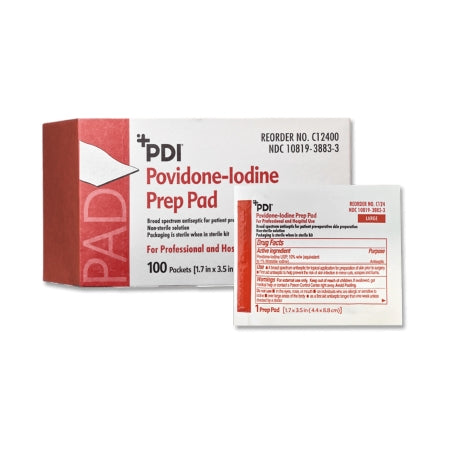 Professional Disposables PVP Prep Pad PDI® 10% Strength Povidone-Iodine Individual Packet Large NonSterile - Box of 100 - C12400-BX