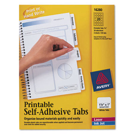 Avery® Printable Plastic Tabs with Repositionable Adhesive, 1/5-Cut, White, 1.25" Wide, 96/Pack - Pack of 1 - AVE-16280-PK