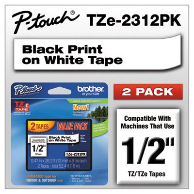 Brother P-Touch® TZe Standard Adhesive Laminated Labeling Tapes, 0.47" x 26.2 ft, Black on White, 2/Pack - Pack of 1 - BRT-TZE2312PK-PK