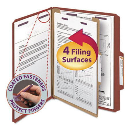 Smead™ Pressboard Classification Folders, Four SafeSHIELD Fasteners, 2/5-Cut Tabs, 1 Divider, Letter Size, Red, 10/Box - Box of 1 - SMD-13775-BX