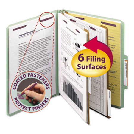 Smead™ Pressboard Classification Folders, Six SafeSHIELD Fasteners, 2/5-Cut Tabs, 2 Dividers, Letter Size, Gray-Green, 10/Box - Box of 1 - SMD-14076-BX