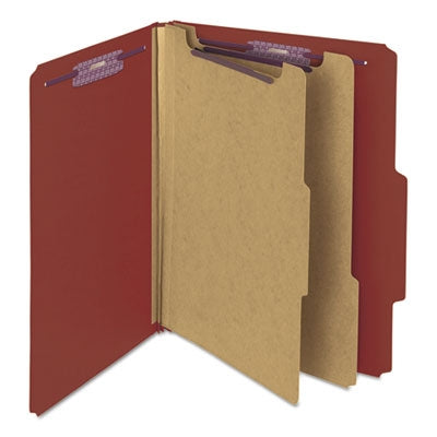 Smead™ Pressboard Classification Folders, Six SafeSHIELD Fasteners, 2/5-Cut Tabs, 2 Dividers, Letter Size, Red, 10/Box - Box of 1 - SMD-14075-BX