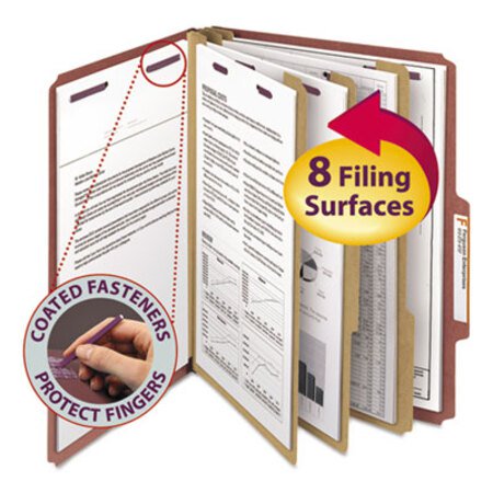 Smead™ Pressboard Classification Folders, Eight SafeSHIELD Fasteners, 2/5-Cut Tabs, 3 Dividers, Letter Size, Red, 10/Box - Box of 1 - SMD-14092-BX
