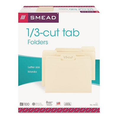 Smead™ Manila File Folders, 1/3-Cut Tabs: Assorted, Letter Size, 0.75" Expansion, Manila, 100/Box - Box of 1 - SMD-10330-BX