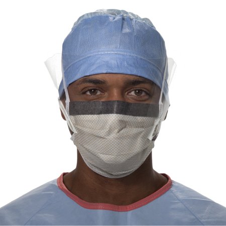 O&M Halyard Inc Surgical Mask with Eye Shield FluidShield Anti-fog Foam Pleated Tie Closure One Size Fits Most Blue / Orange NonSterile ASTM F2100-11 Level 2 Adult - Case of 100 - 62114-CS