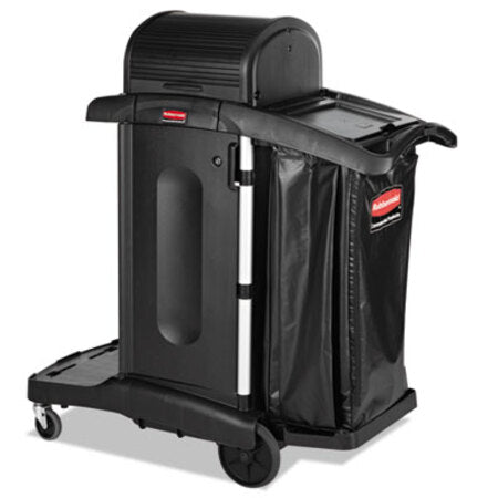 Rubbermaid® Commercial Executive High Security Janitorial Cleaning Cart, Plastic, 4 Shelves, 1 Bin, 23.1" x 39.6" x 27.5", Black - CT/1 - RCP-1861427-CT