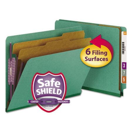 Smead™ End Tab Pressboard Classification Folders, Six SafeSHIELD Fasteners, 2" Expansion, 2 Dividers, Letter Size, Green, 10/Box - Box of 1 - SMD-26785-BX