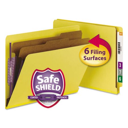 Smead™ End Tab Pressboard Classification Folders, Six SafeSHIELD Fasteners, 2" Expansion, 2 Dividers, Letter Size, Yellow, 10/Box - Box of 1 - SMD-26789-BX