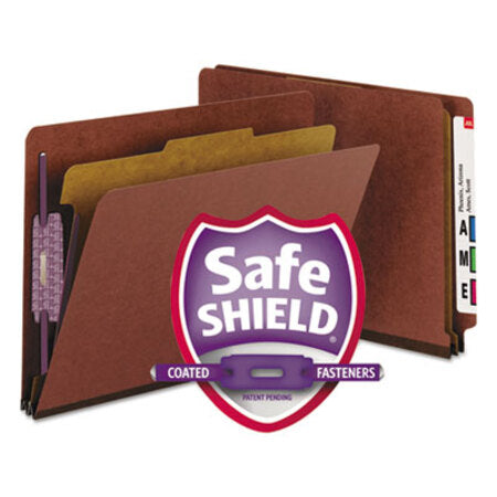 Smead™ End Tab Pressboard Classification Folders, Four SafeSHIELD Fasteners, 2" Expansion, 1 Divider, Letter Size, Red, 10/Box - Box of 1 - SMD-26855-BX