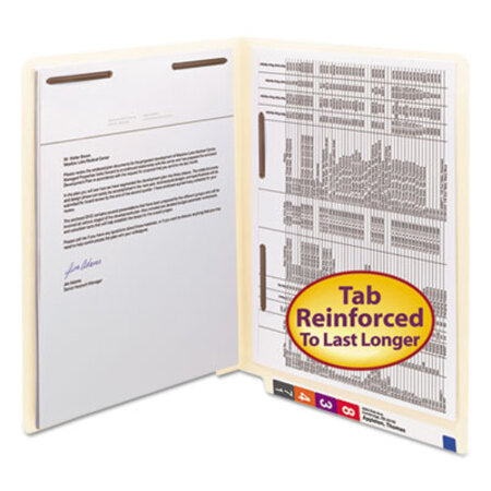 Smead™ End Tab Fastener Folders with Reinforced Straight Tabs, 11-pt Manila, 2 Fasteners: Top/Side, Letter Size, Manila, 50/Box - Box of 1 - SMD-34120-BX