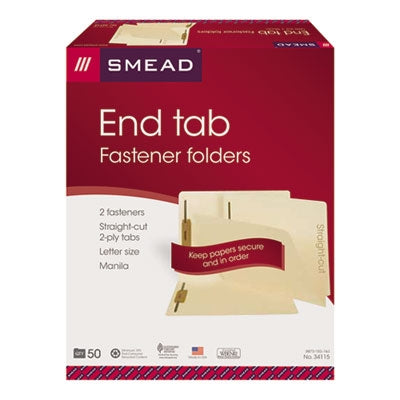 Smead™ End Tab Fastener Folders with Reinforced Straight Tabs, 11-pt Manila, 2 Fasteners, Letter Size, Manila Exterior, 50/Box - Box of 1 - SMD-34115-BX