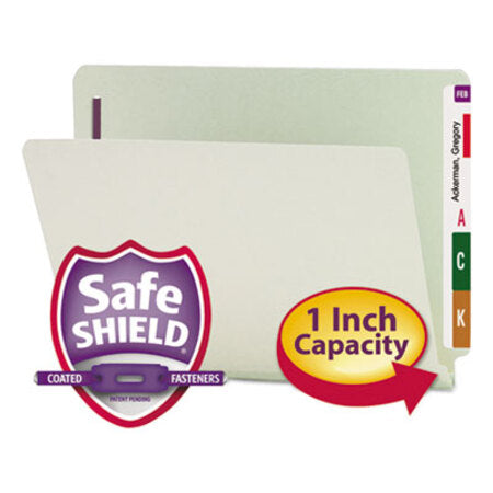 Smead™ End Tab Pressboard Classification Folders, Two SafeSHIELD Coated Fasteners, 1" Expansion, Letter Size, Gray-Green, 25/Box - Box of 1 - SMD-34705-BX